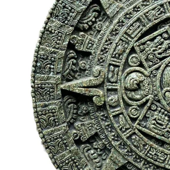 MCM Aztec Sun Stone Calendar-Marked Original Zarebski Crushed Green Stone 11.5"
